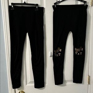 Black Cat Print Kids Leggings&solid black plain 7/16
